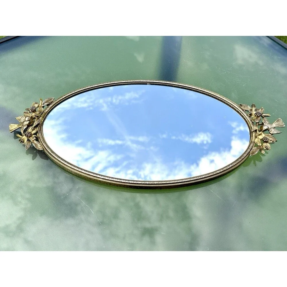 Vintage Matson Vanity Mirror Tray Birds Dogwood Gold Plated Hollywood Regency